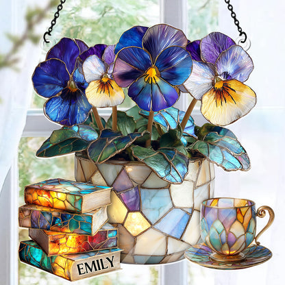 Violet, Books, And Tea - Personalized Acrylic Suncatcher