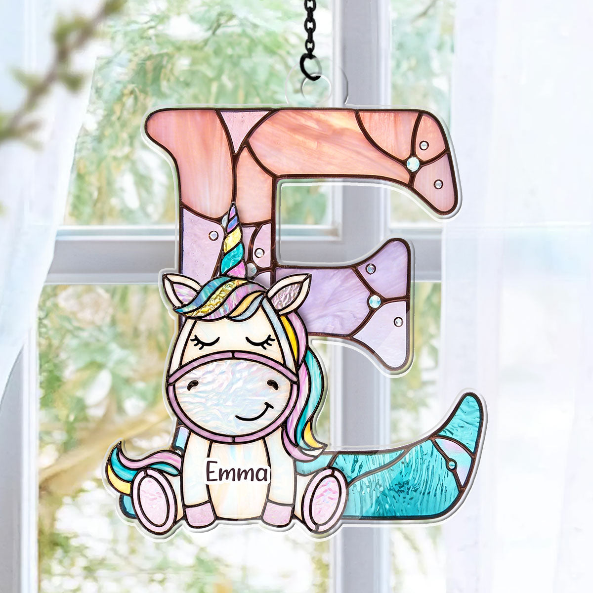 Custom Name Unicorn Alphabet Stained Glass For Kids - Personalized Acrylic Suncatcher