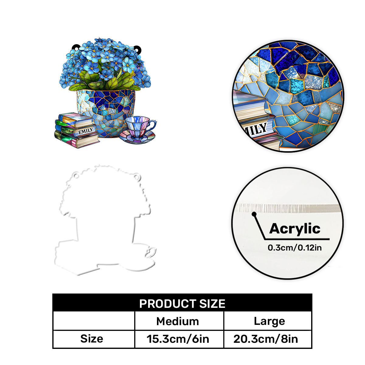 Forget-Me-Not, Books, And Tea - Personalized Acrylic Suncatcher