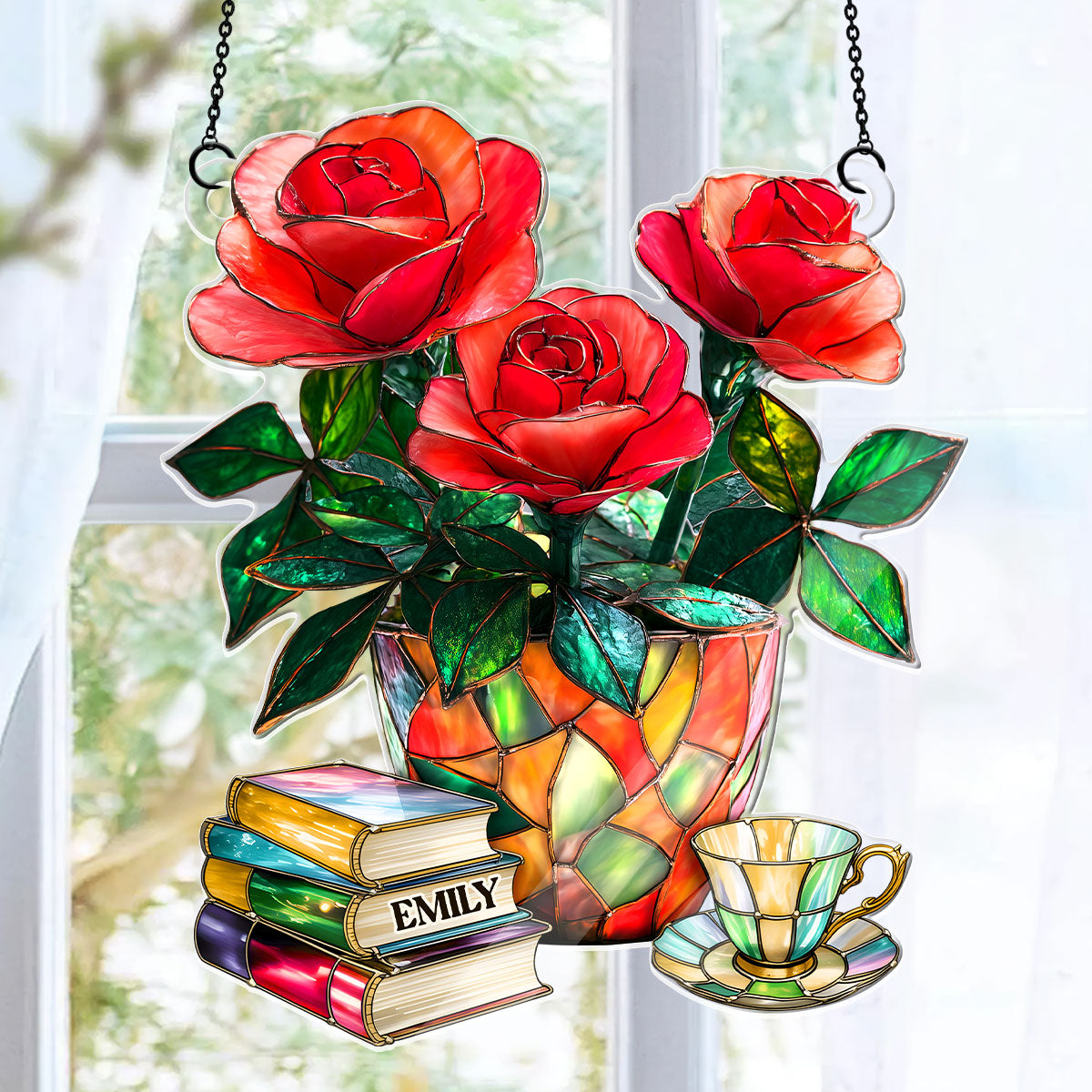 Nostalgic Roses, Books, And Tea - Personalized Acrylic Suncatcher