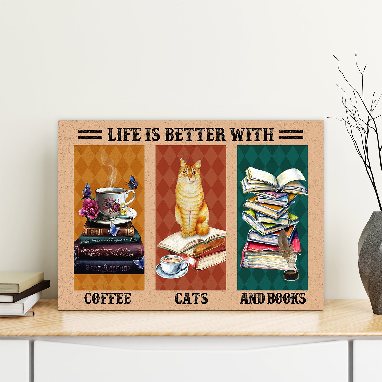 Life Is Better With Coffee Cats And Books Book Lovers Gift POS35