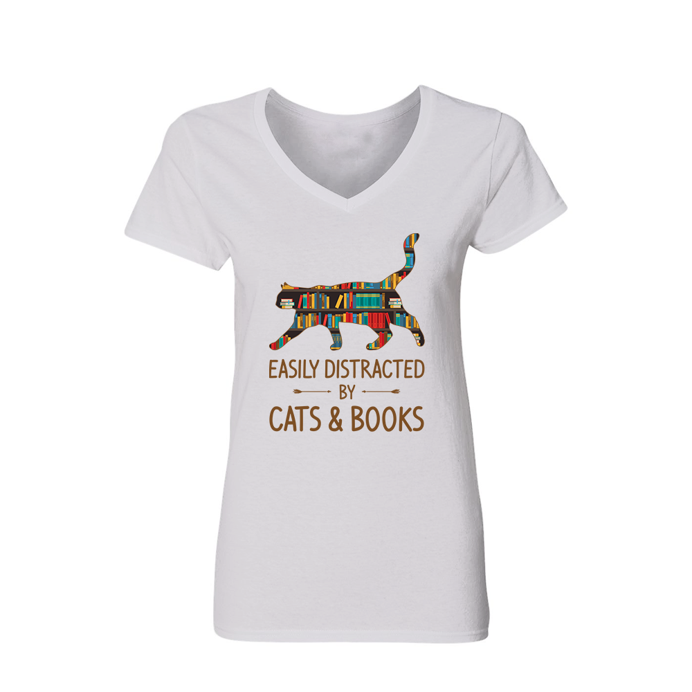 Easily Distracted By Cats And Books Book Lovers Gift Women's V-neck T-shirt TSVW39
