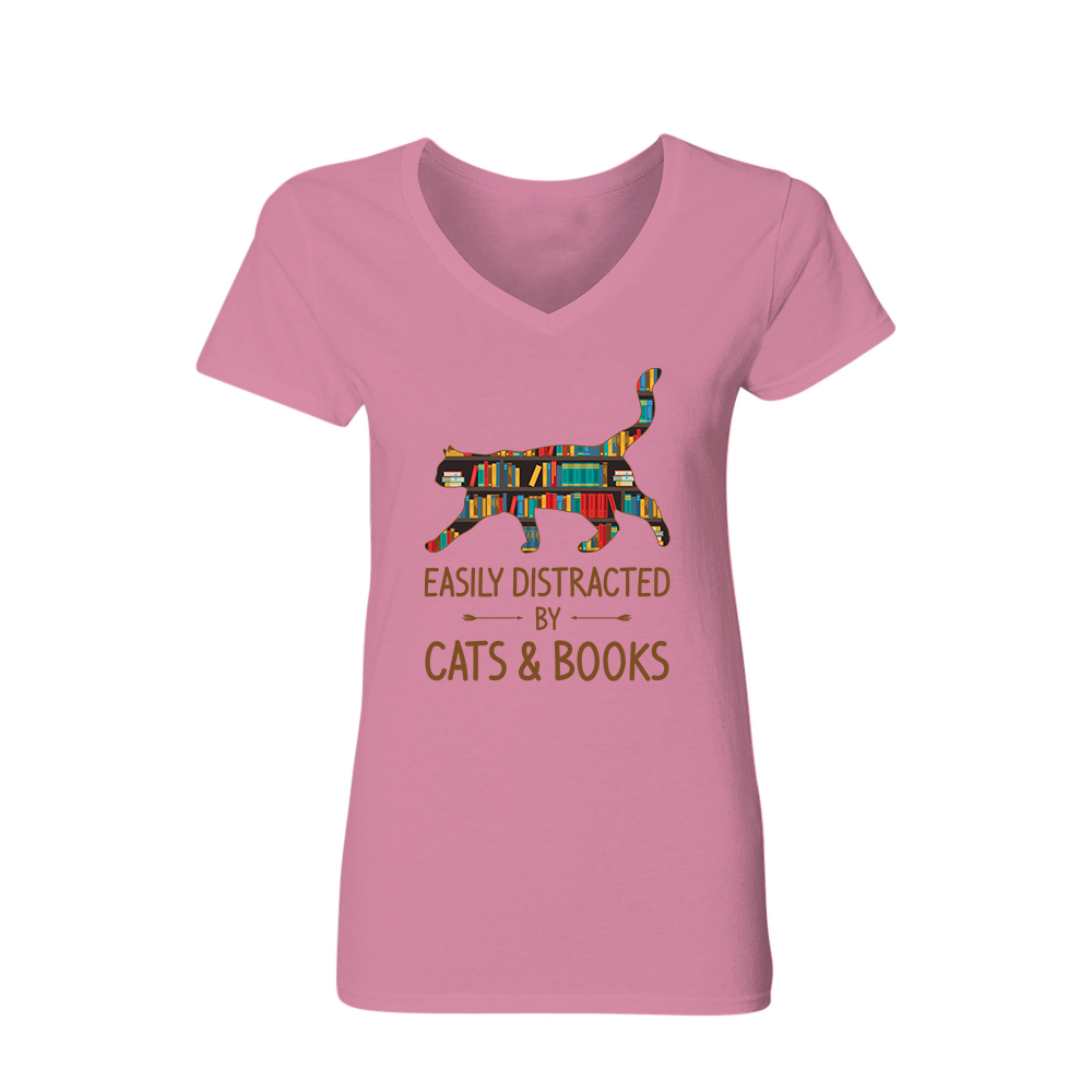 Easily Distracted By Cats And Books Book Lovers Gift Women's V-neck T-shirt TSVW39