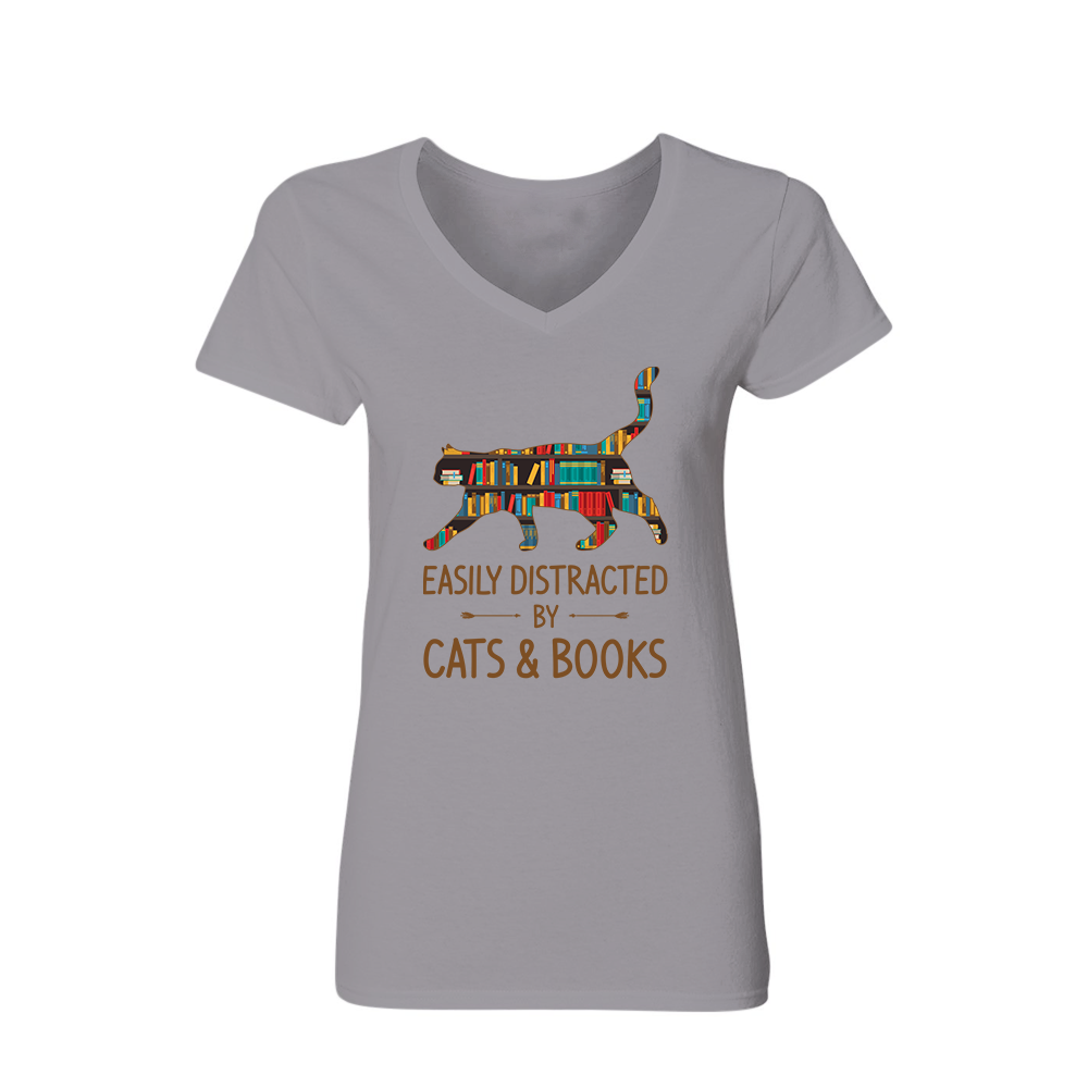 Easily Distracted By Cats And Books Book Lovers Gift Women's V-neck T-shirt TSVW39