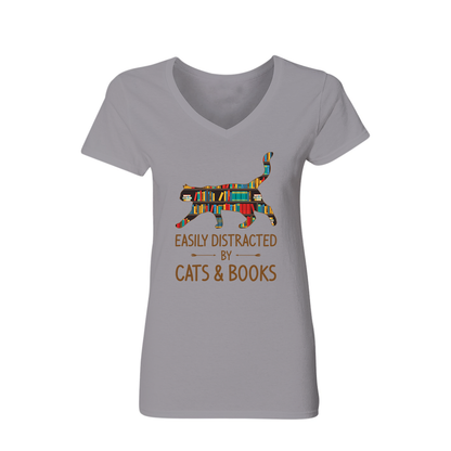 Easily Distracted By Cats And Books Book Lovers Gift Women's V-neck T-shirt TSVW39