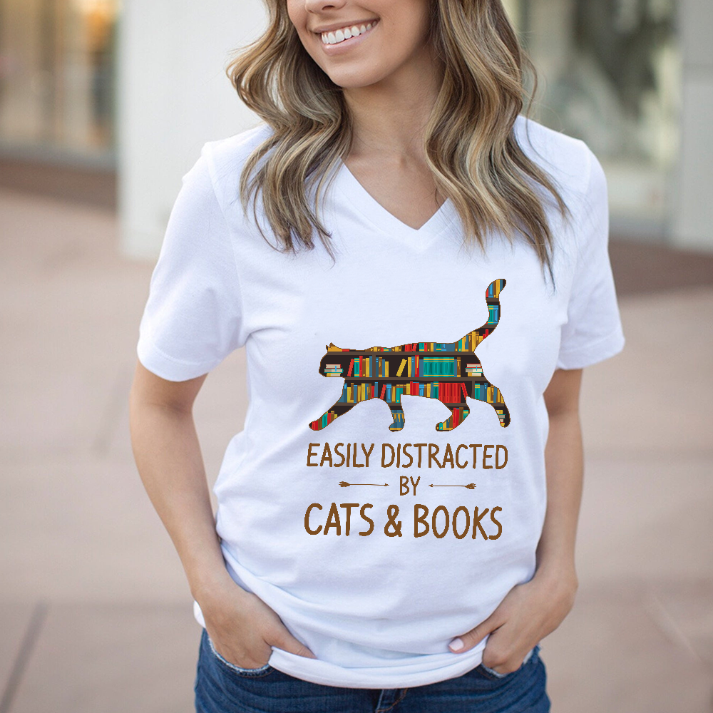 Easily Distracted By Cats And Books Book Lovers Gift Women's V-neck T-shirt TSVW39