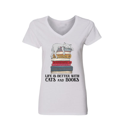 Life Is Better With Cats And Books Book Lovers Gift Women's V-neck T-shirt TSVW71