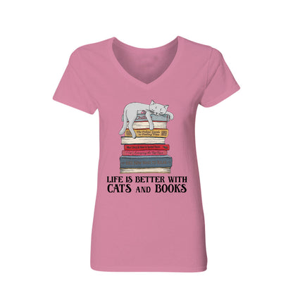 Life Is Better With Cats And Books Book Lovers Gift Women's V-neck T-shirt TSVW71