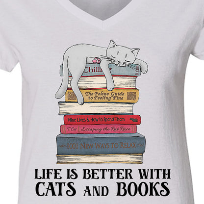 Life Is Better With Cats And Books Book Lovers Gift Women's V-neck T-shirt TSVW71