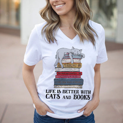 Life Is Better With Cats And Books Book Lovers Gift Women's V-neck T-shirt TSVW71