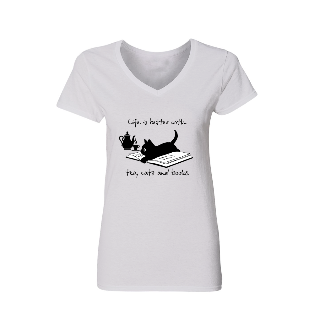 Life Is Better With Tea, Cats And Books Book Lovers Gift Women's V-neck T-shirt TSVW35