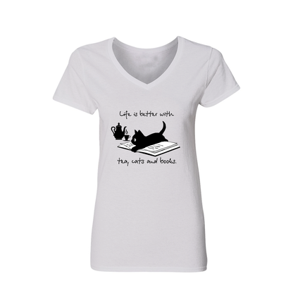 Life Is Better With Tea, Cats And Books Book Lovers Gift Women's V-neck T-shirt TSVW35