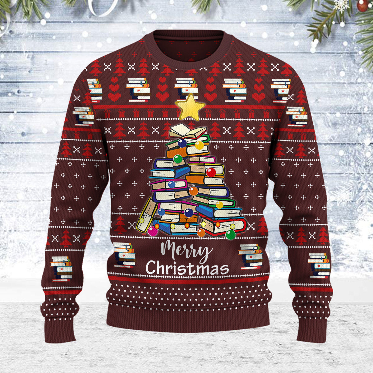Book Pine Merry Christmas Ugly Sweater Book Lovers Gift USW03