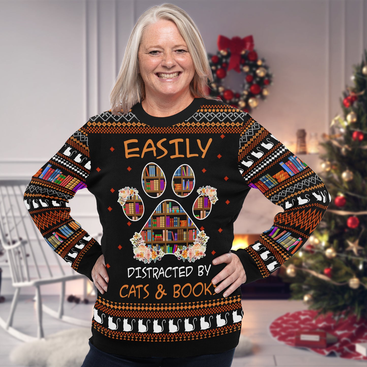 Easily Distracted By Cats And Books Ugly Sweater Book Lovers Gift USW04