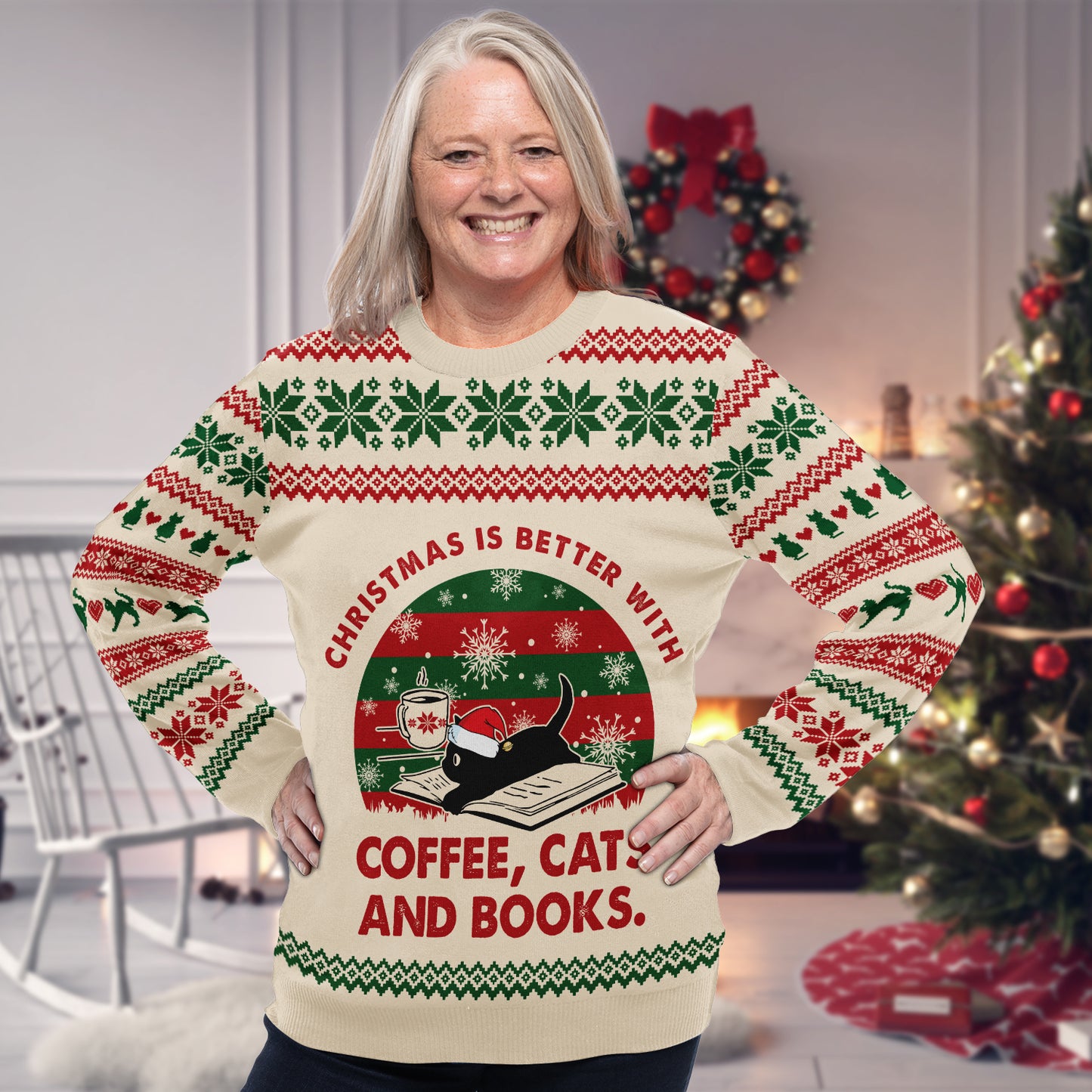 Christmas Is Better With Coffee Cats And Books Ugly Sweater Book Lovers Gift USW05